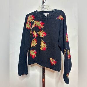 Cambridge Dry Goods Black Sweater with Red and Gold Leaf Accents